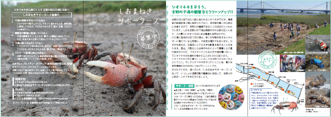 しおまねきサポーターズのご案内PDFの見開きプレビュー。活動内容、入会案内、干潟の写真を掲載。